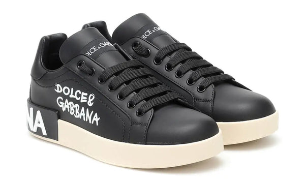 DOLCE & GABBANA Logo Print Leather Lace-up Trainers In Black - Dubai Sneakers