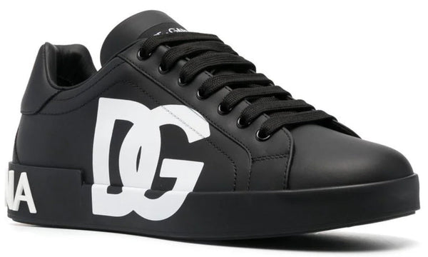 DOLCE & GABBANA Logo Print Leather Lace-up Trainers In Black - Dubai Sneakers