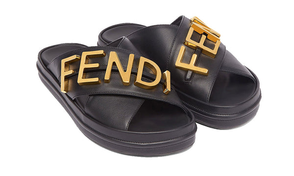 Fendigraphy Black leather slides - Dubai Sneakers