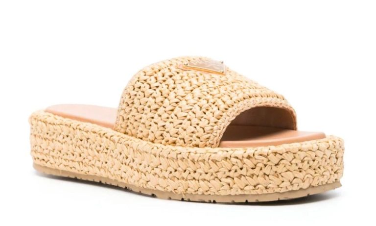 Prada logo-plaque crochet sandals 'Beige' - Dubai Sneakers