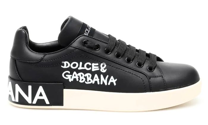 DOLCE & GABBANA Logo Print Leather Lace-up Trainers In Black - Dubai Sneakers