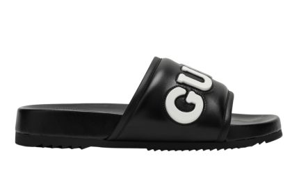 Gucci Black Leather Slide With Logo - Dubai Sneakers