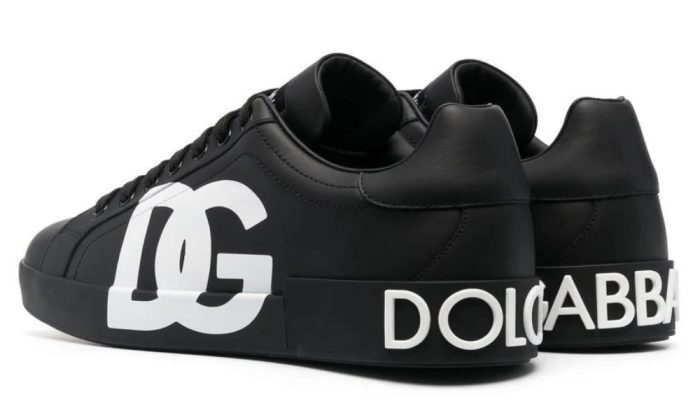 DOLCE & GABBANA Logo Print Leather Lace-up Trainers In Black - Dubai Sneakers