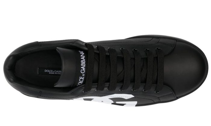 DOLCE & GABBANA Logo Print Leather Lace-up Trainers In Black - Dubai Sneakers