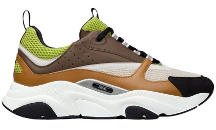 Dior B22 Green and White Technical Mesh with Ebony and Camel Smooth Calfskin - Dubai Sneakers