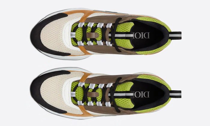 Dior B22 Green and White Technical Mesh with Ebony and Camel Smooth Calfskin - Dubai Sneakers