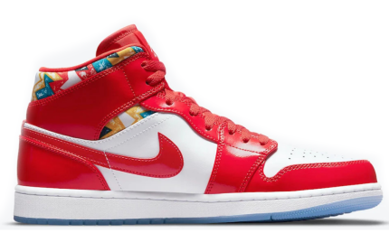 Air Jordan 1 Mid Red Patent White Blue Shoes - Dubai Sneakers